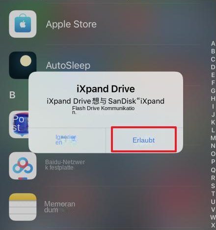 Erlauben Sie iXpand Drive, mit SanDisk USB zu kommunizieren