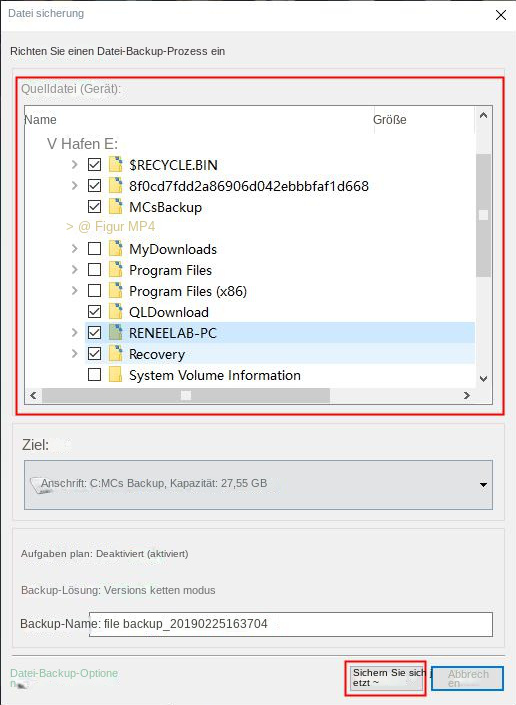 Wählen Sie die zu sichernden Dateien aus