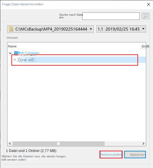Wählen Sie aus, wo Dateien wiederhergestellt werden sollen