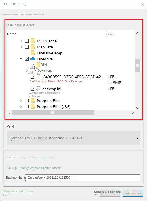 Wählen Sie die zu sichernden Dateien aus