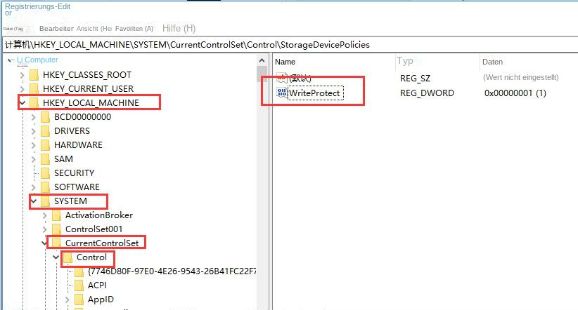 Suchen Sie WriteProtect in der Registrierung