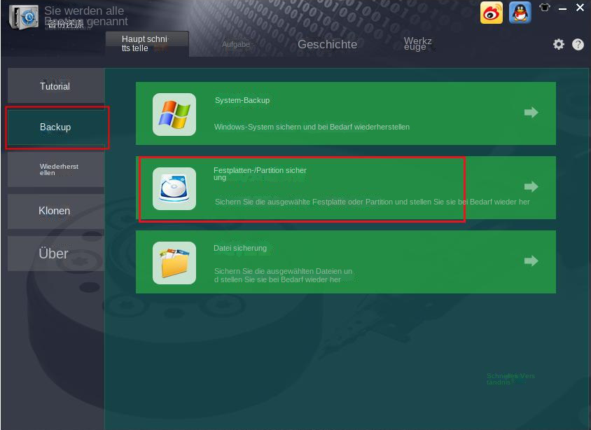 Wählen Sie Festplatten-/Partitionssicherungsoptionen