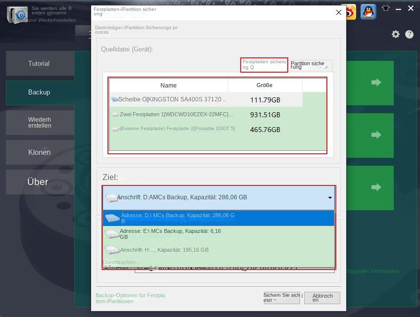 Wählen Sie das Festplatten-Backup-Gerät aus