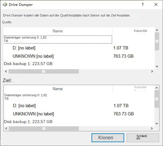 Wählen Sie die Originalfestplatte und das Ziel für die Datensicherung aus
