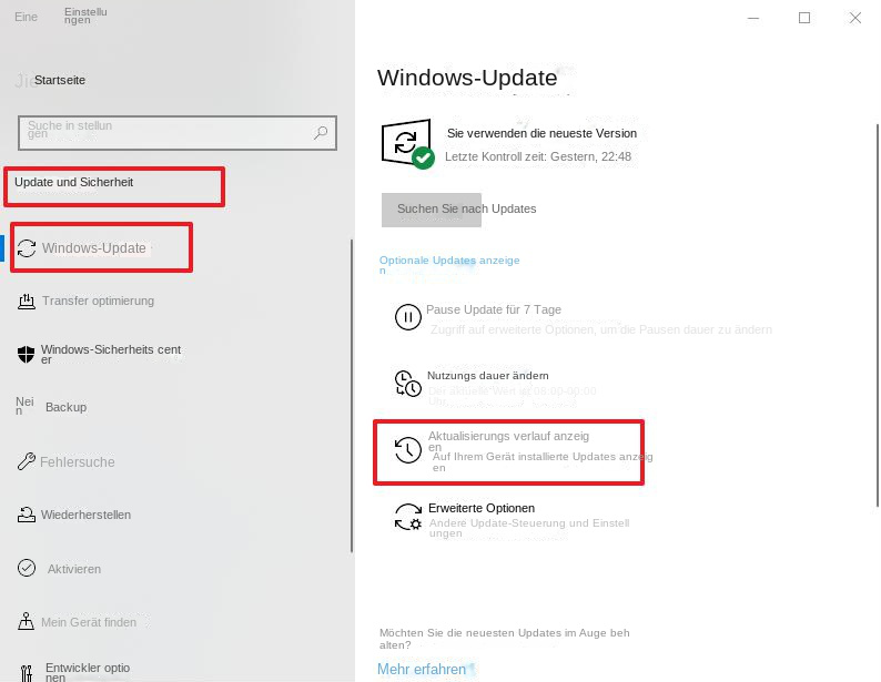 Klicken Sie auf Update und Sicherheit, um den Update-Verlauf anzuzeigen
