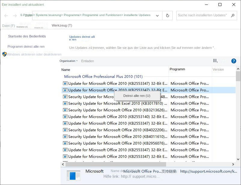 Deinstallieren Sie installierte Updates