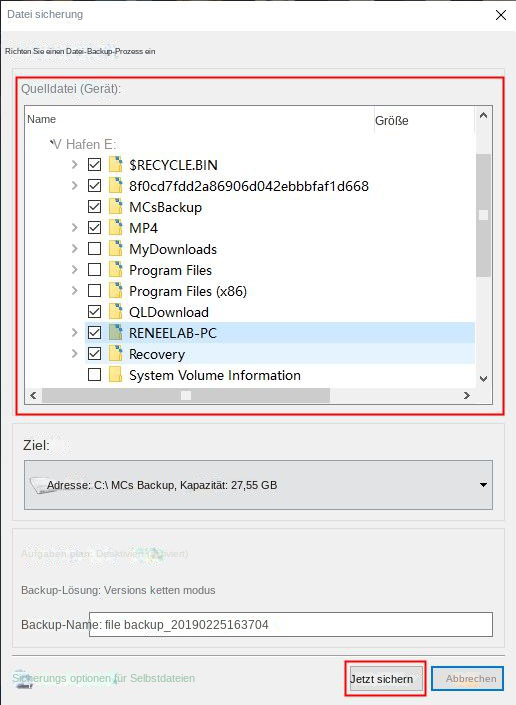 Wählen Sie die zu sichernden Dateien aus