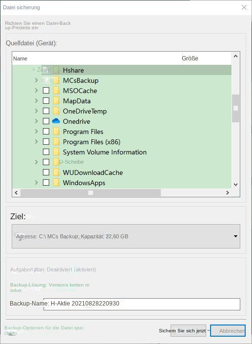 Wählen Sie die zu sichernden Dateien aus