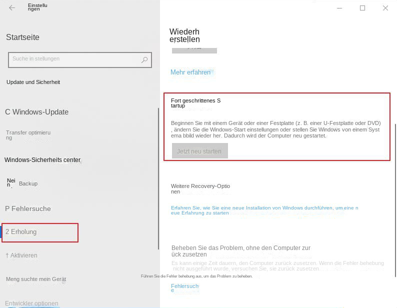 Erweiterter Start und Neustart über das Wiederherstellungsmenü