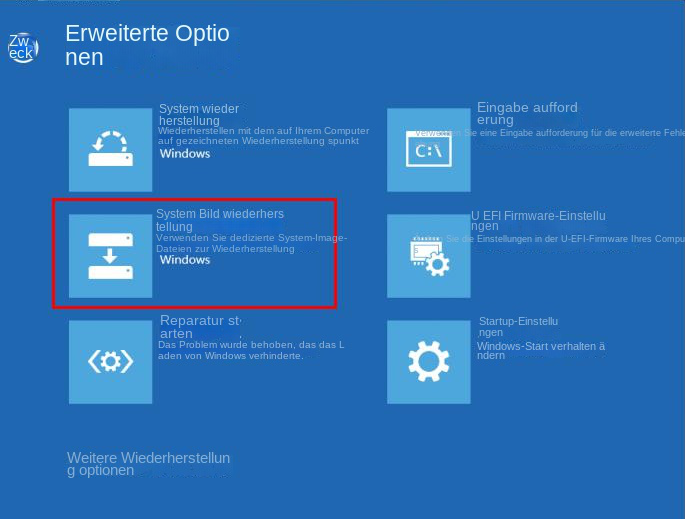 System-Image-Wiederherstellung unter „Erweiterte Optionen“.