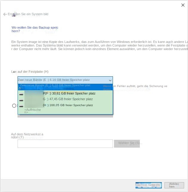 Wählen Sie aus, wo das Systemabbild gespeichert werden soll