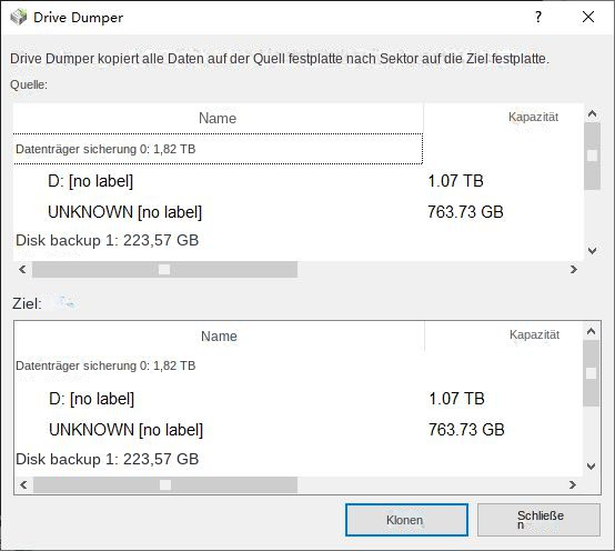 Wählen Sie die Originalfestplatte und das Ziel für die Datensicherung aus