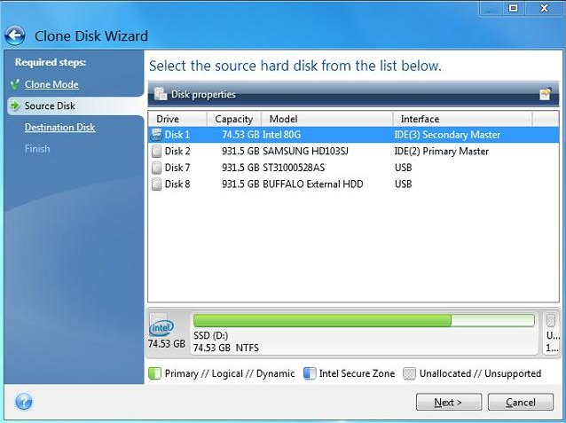 Bedienoberfläche der Intel SSD-Datenmigrationssoftware