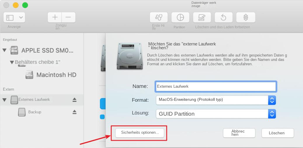 Sicherheitsoptionen zum Löschen des Mac-Festplatten-Dienstprogramms