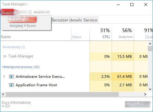 Task-Manager führt neue Aufgabe aus