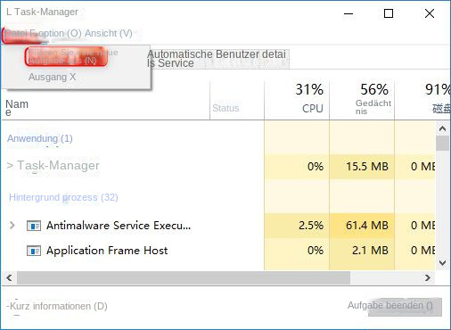 Task-Manager führt neue Aufgabe aus