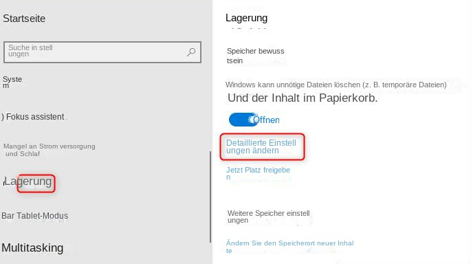 Speichererkennung zum Ändern detaillierter Einstellungen