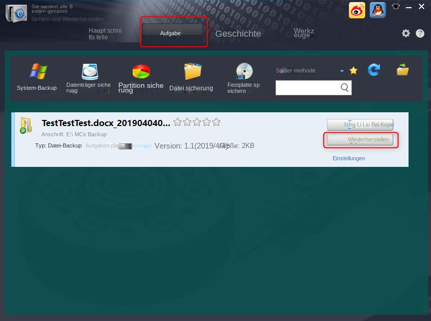 Sicherungsdatei wiederherstellen