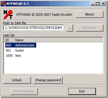 NTPWEdit zum Zurücksetzen des Windows-Passworts