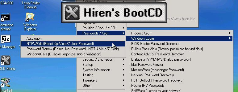 Tool zur Passworterneuerung auf der Hiren-Boot-CD