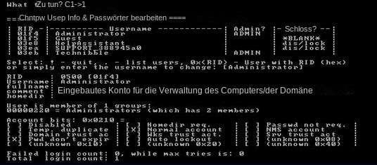 Offline-NT-Passwort, Konto auswählen und Passwort zurücksetzen