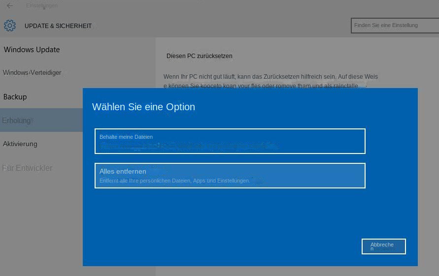 Setzen Sie diesen PC zurück. Wählen Sie eine Option