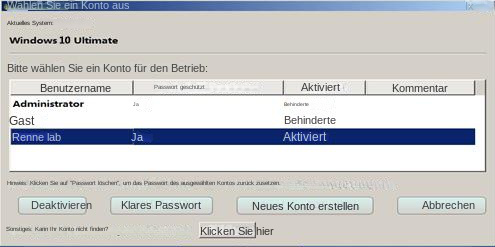Zielbenutzerkonto in der Liste auswählen