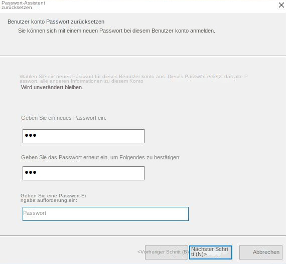 Benutzerkonto-Passwort zurücksetzen, um ein neues Passwort zu setzen