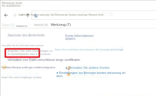 Windows 10 Kennwortrücksetzdiskette erstellen Option
