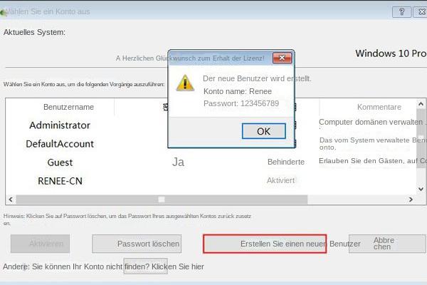 Renee Passnow Neuer Benutzer erstellen Schaltfläche windows 10