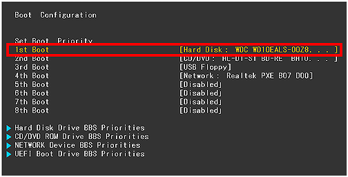 Ändern Sie die Bootreihenfolge auf der Festplatte in der Bootkonfiguration im BIOS