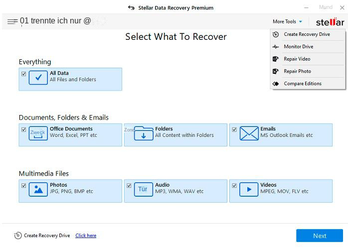 Stellar Data Recovery Premium Software-Schnittstelle