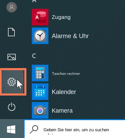 Auswahl des Zahnradsymbols zur Konfiguration von Windows