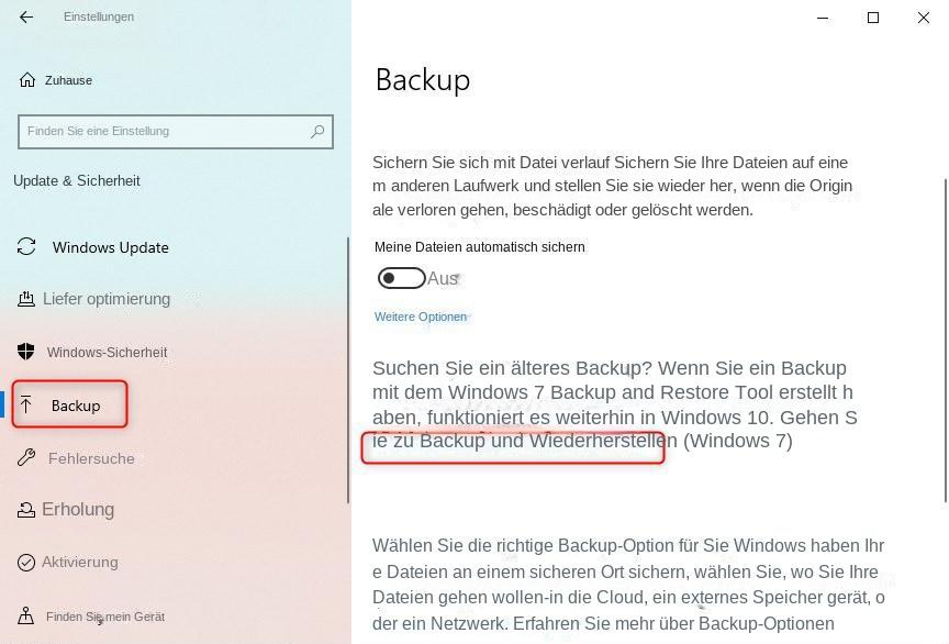 Gehen Sie zu Sichern und Wiederherstellen (Windows 7)