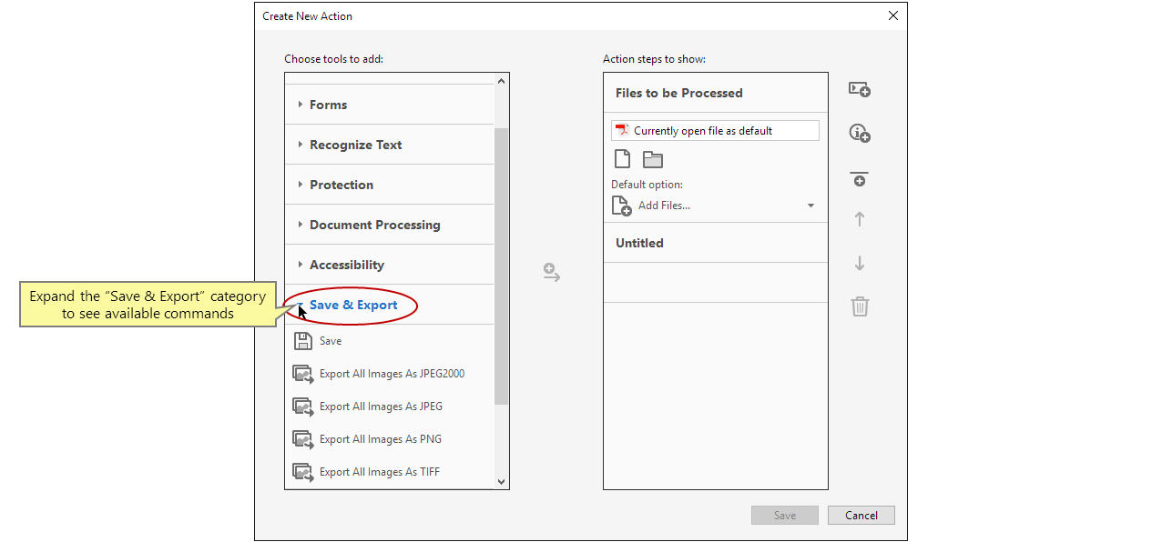 Die Kategorie Speichern &amp; Exportieren erweitern
