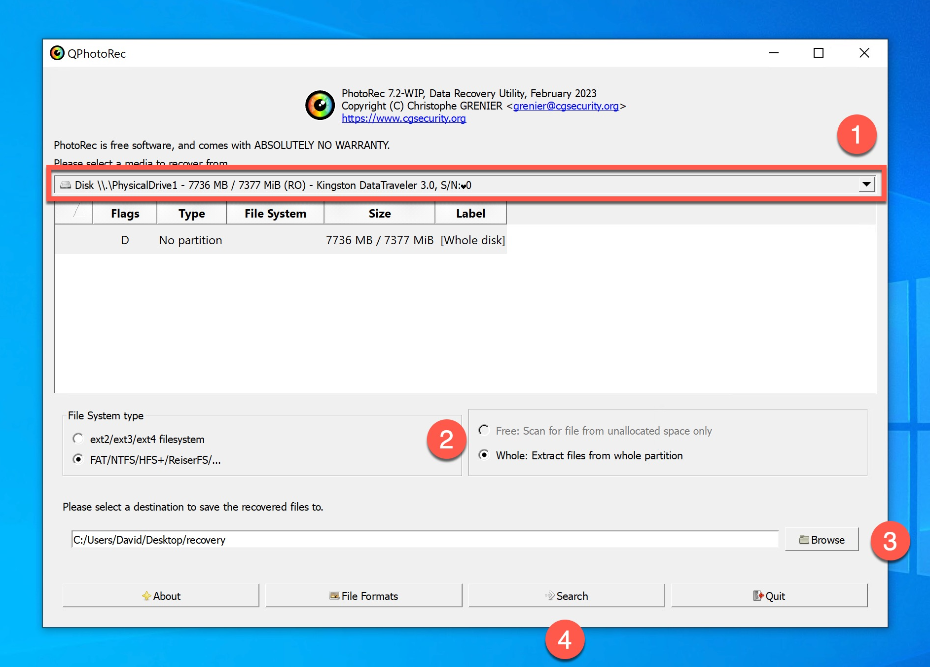 QPhotoRec-Wiederherstellung unter Windows 10