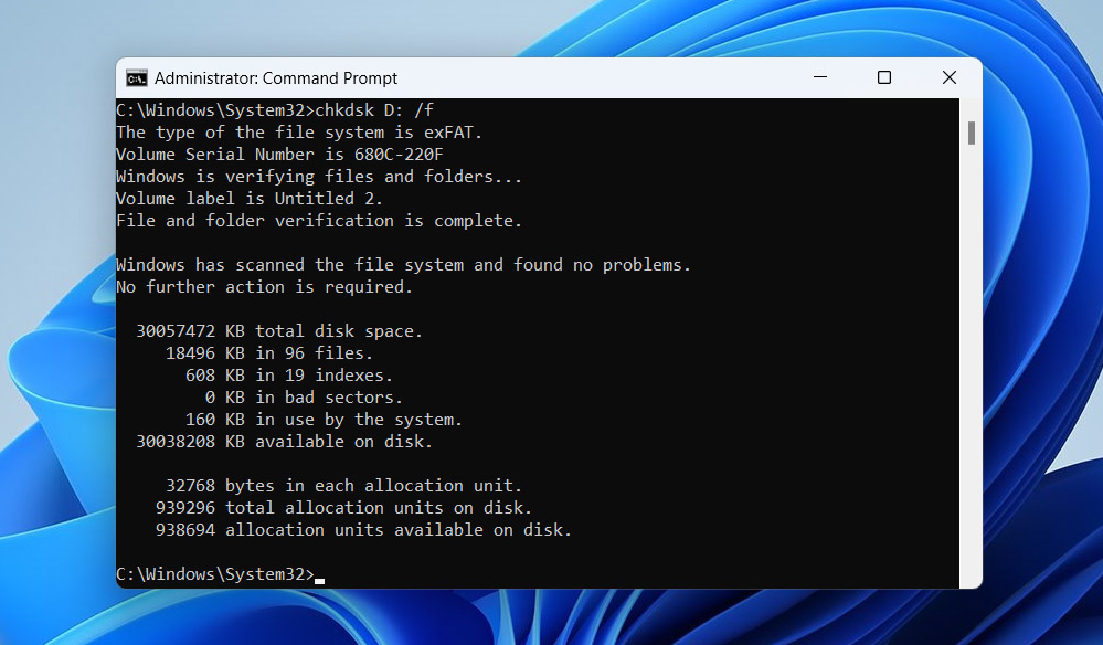 Ergebnisse des CHKDSK-Befehls