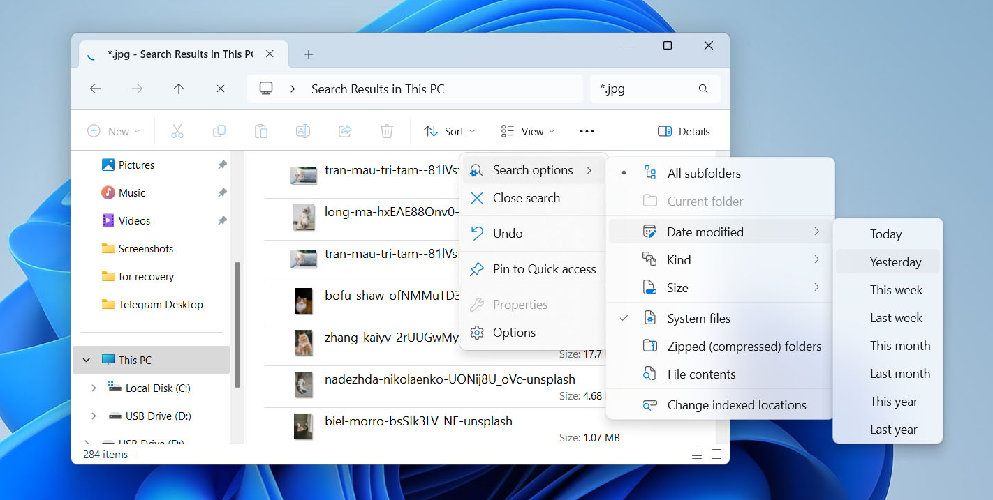 Suchoptionen in Windows verwenden