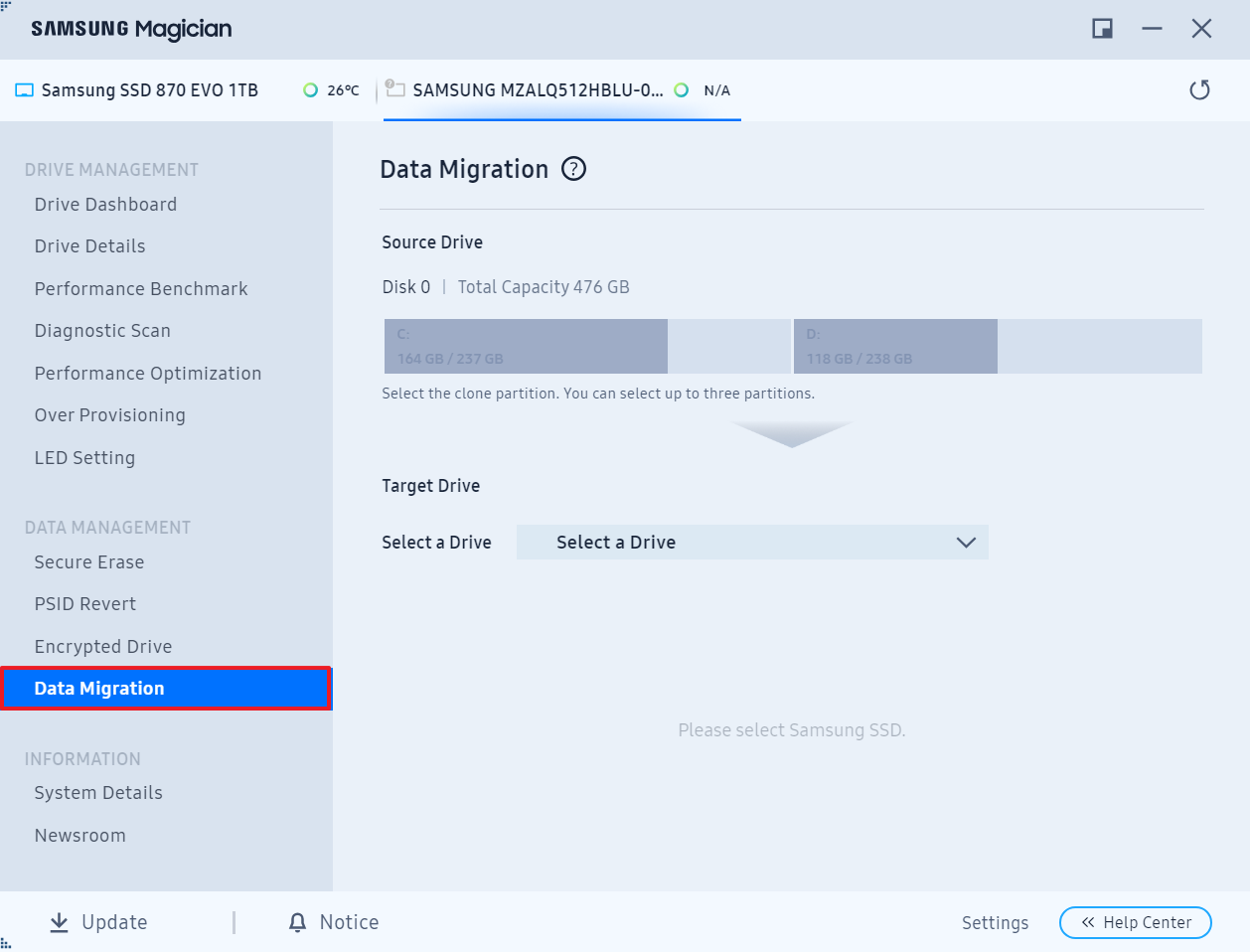 Samsung Magician starten und auf Data Migration klicken