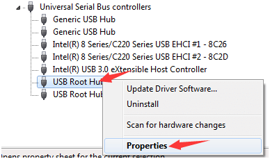 Eigenschaften des USB-Root-Hubs auswählen