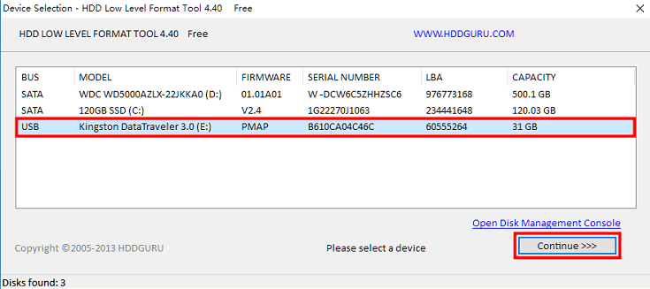 Wählen Sie das Zielfestplattenlaufwerk im Tool hdd low level format
