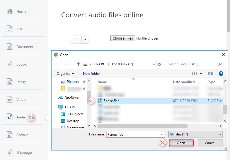 Hochladen der Zieldatei auf aconvertcom