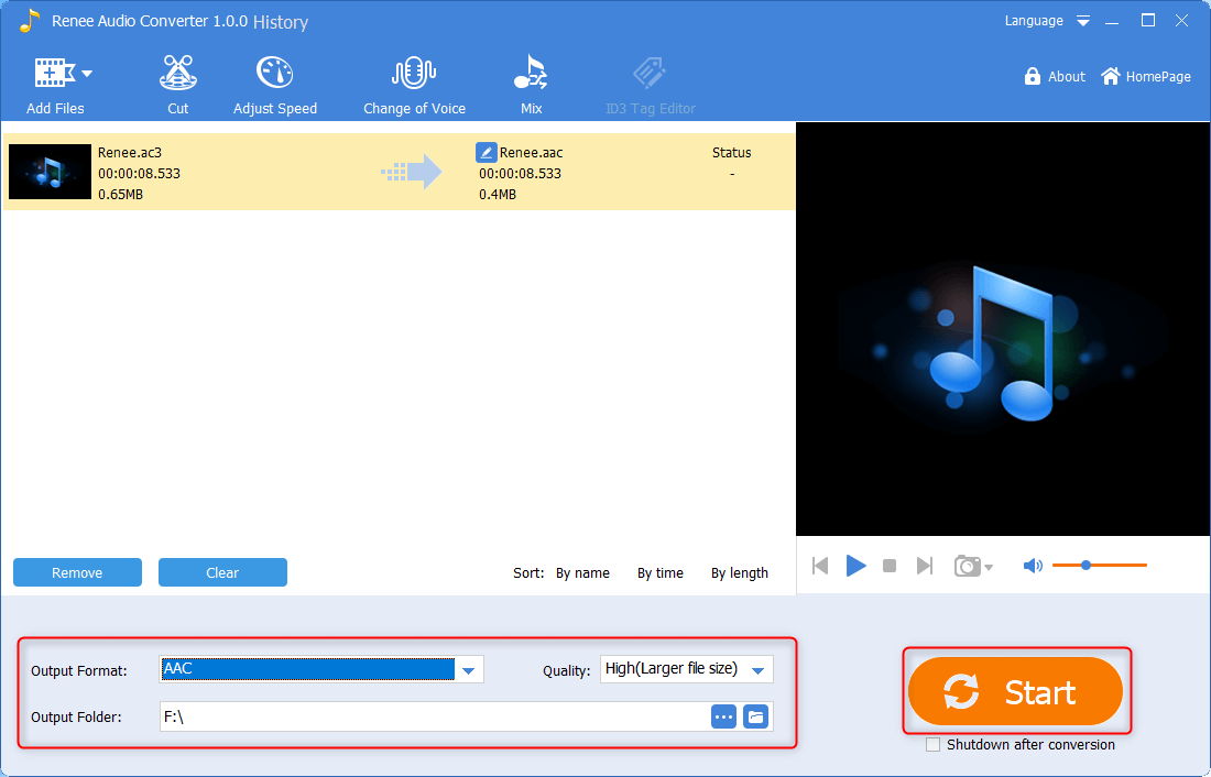 klicken sie auf start, um ac3 in aac zu konvertieren in renee audio converter