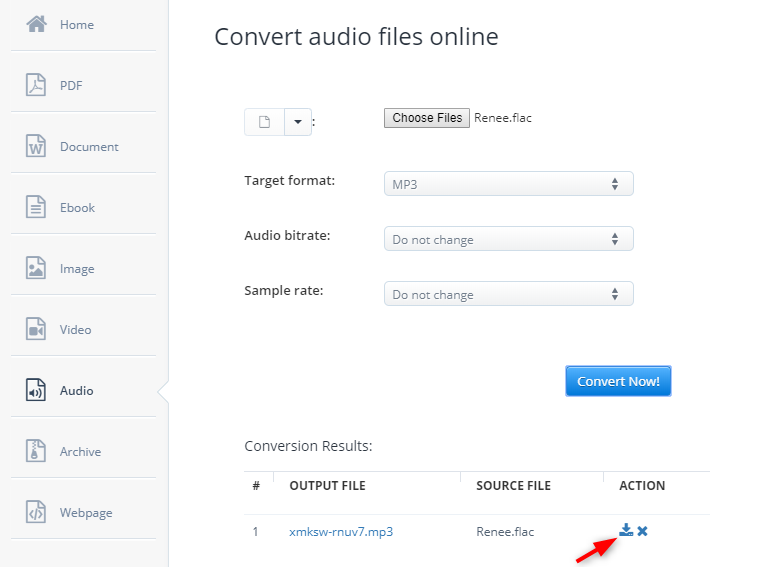 Download von aconvet nach Konvertierung von flac zu mp3