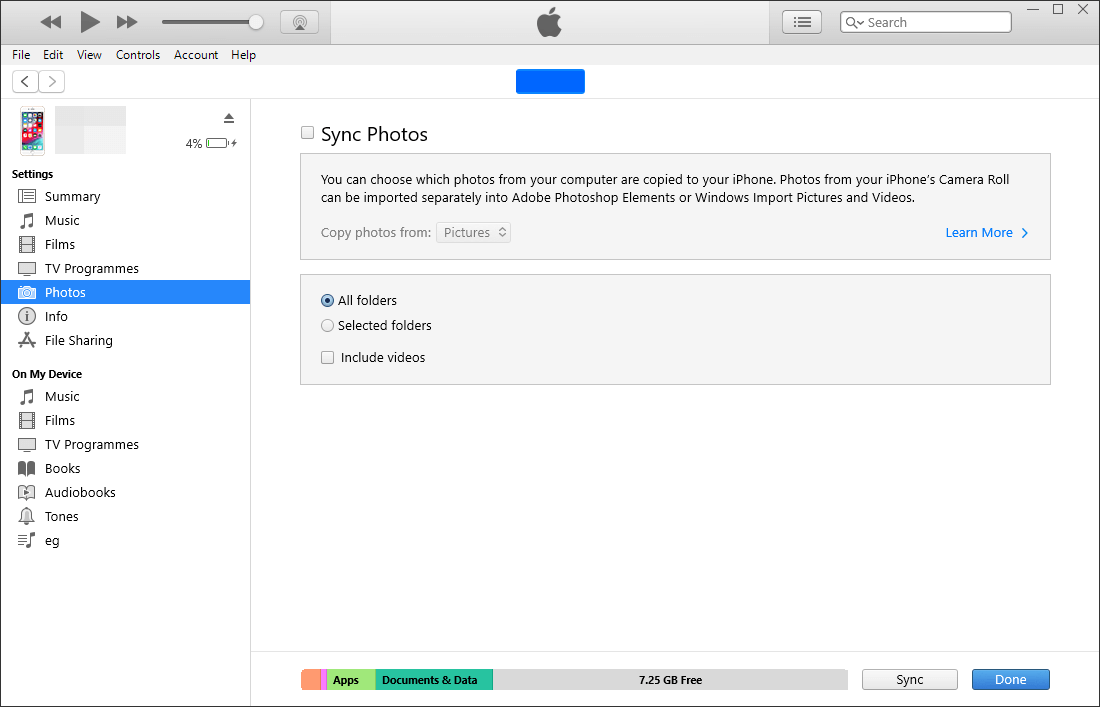 Gehen Sie zu iTunes Fotos und synchronisieren Sie