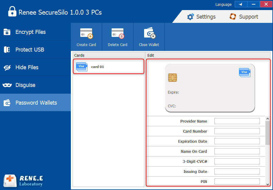 Karteninformationen in renee secure silo password manager bearbeiten