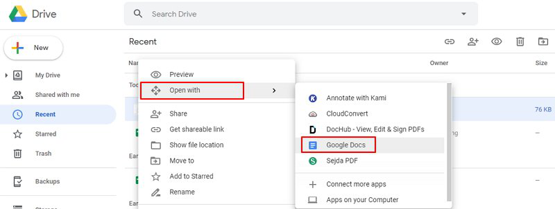 So öffnen Sie ein PDF aus Google Drive in Google Docs