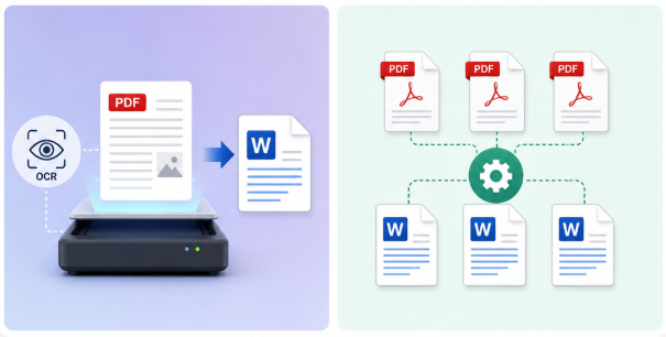Screenshot des Haupt-Umwandlungsfensters von Renee PDF Aide, das zeigt, wie mehrere PDF-Dateien mit aktiviertem OCR in das DOCX-Format umgewandelt werden
