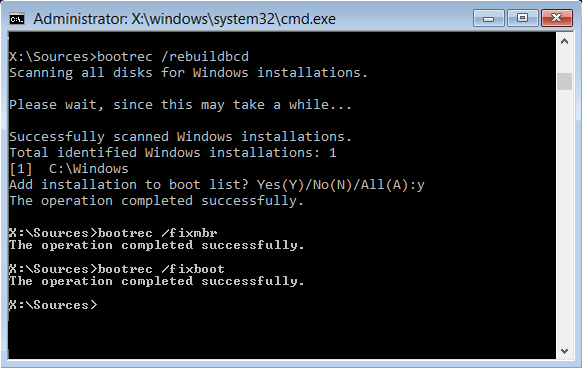 Ausgabe der Eingabeaufforderung von bootrec /rebuildbcd mit null gefundenen Windows-Installationen