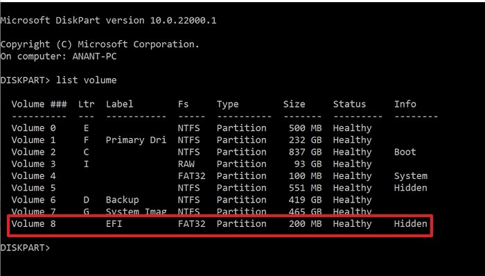 Ausgabe von diskpart list volume, Hervorhebung der EFI-Partition als Volume 8 mit FAT32-Format und 260 MB Größe